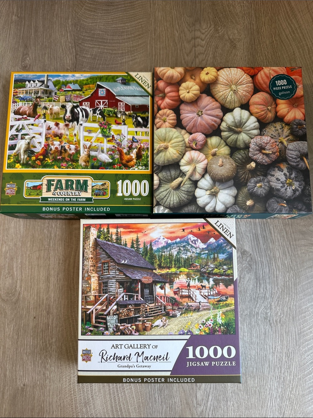 🧩 3x 1000 Piece Puzzle Bundle Farm Pumpkin Lake Cabin Complete